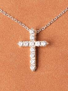 Silver Full Diamond Cross Necklace Simple Casual Pendant Necklace 2 Colors Available - Silver - View 4