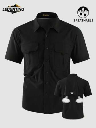 LEDUNTINO [Primavera/Verano] Camisa informal de carga para hombre, deportiva, verde sólido, regalo para esposo/novio, camisa de manga corta con botones y bolsillo con cremallera, Primavera/Verano