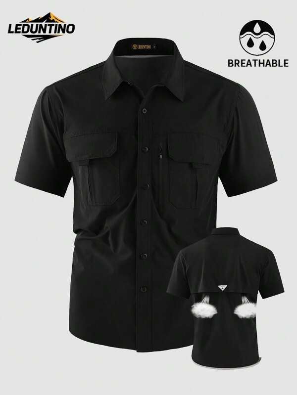 LEDUNTINO [Printemps/Été] Chemise cargo décontractée pour homme, sport, vert unicolore, cadeau pour mari/petit ami, chemise à manches courtes avec col et poche zippée, printemps/été