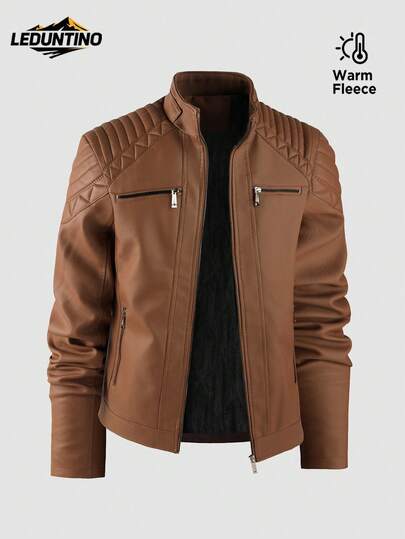 LEDUNTINO Men's Fashion Zipper Casual Outdoor Thick Fleece Motorcycle Leather Jacket, Sports Style, Solid Color, Bomber Jacket, Boyfriend Gift, Men's Autumn/Winter Stand Collar, Motorcycle Style, Textured Shoulders, Windproof, Windbreaker Leather Jacket Spring/Autumn Coat