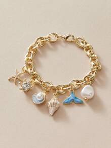 1pc Summer Fashion Vacation Blue Oil-Drop Shell Starfish Bracelet For Women, Delicate Personalized Bracelet Fit For Daily Wear, Beach, Ocean