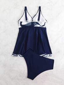 Women Deep V Neck Thick Strap Push Up Geometric Pattern Ruched Tankini Swimwear Two Pieces Set, Plus Size, Summer Beach - Navy Blue - View 2