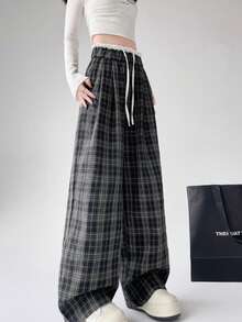 女士宽松格纹阔腿裤，美式休闲风格，带口袋，直筒垂坠长裤 - 黑色 - 查看 3