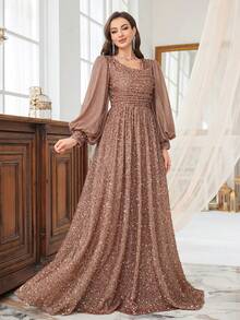 UNITHORSE 女士优雅灯笼袖腰部褶皱亮片长款派对连衣裙，适合婚礼宾客、正式场合、晚宴、婚纱、生日礼服、毕业典礼、秋季和春季穿着。 - 咖啡棕 - 查看 5