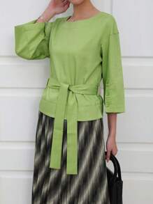 Women's Fashion Belted Buttoned Tie Up Blouse, Suitable For Summer