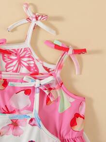 3pcs/Set Baby Girls' Cartoon Butterfly Printed Cute Strap Dress With Bow, Summer Resort Style