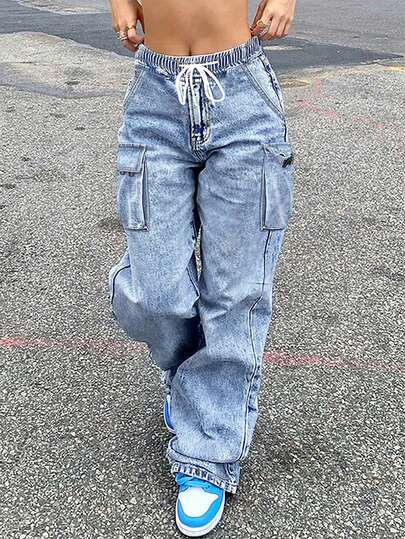 Women's Loose Casual Elastic Waist Drawstring Cargo Denim Pants Spring
