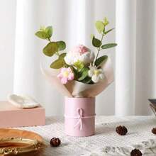 1 set de ramo de flores artificiales hechas a mano con balde de plástico, papel de envolver, flores de ganchillo, adecuado para regalos para mamá, amigos o regalos de aniversario, regalos del día de la madre, regalos del día de San Valentín, regalos de cumpleaños, decoración del hogar.