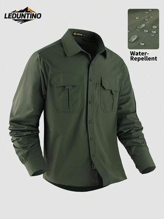 LEDUNTINO [Primavera/Verano] Camisa casual con botones para hombre para exteriores, verde sólido, deportiva, de carga, regalo para esposo/novio, camisa de manga larga para hombre para primavera y otoño, con múltiples bolsillos, elástica, con cuello y bolsillo con cremallera, ropa de hombre para primavera/otoño