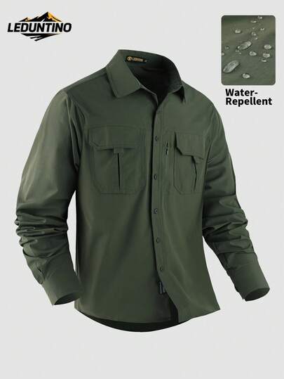 LEDUNTINO [Spring/Summer] Men's Fashion Button-Down Casual Outdoor Shirt, Solid Green, Sports, Cargo, Husband/Boyfriend Gift, Men's Long Sleeve Spring Autumn Shirt, Multi-Pocket, Elastic, Lapel Shirt With Zipper Pocket, Spring/Fall Menswear