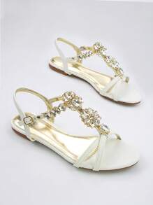 Women's Glamorous 3D Rhinestone Flower Decor Chain Strap Flat Sandals, White & Gold Color Block, PU Material, Fashion & Comfortable, Round Toe, Rear Strap, Suitable For Daily Wear & Parties