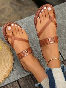 Women's New Style Toe Loop Crisscross Strap Flat Sandals, Fashion Metal Decor, Comfortable Casual Beach Holiday Slippers - Brown - View 3
