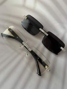 Leopards play ball 1 Pair Rhinestone Decorated Frameless Rectangular Fashion Fashion Glasses, Unisex, Suitable For Driving, Beach Travel, Summer Beach Vacation, Outdoor Activities, Etc. - Rhinestone Decorated Frameless/diamond Cut 3D Lenses - View 21