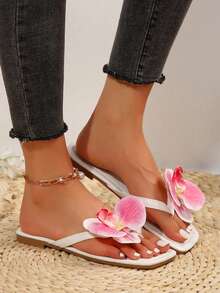 2025 Plus Size New Design Fake Flower Decor Square Toe Flat Slide Sandals For Women, Daily Wear Summer - White - View 2