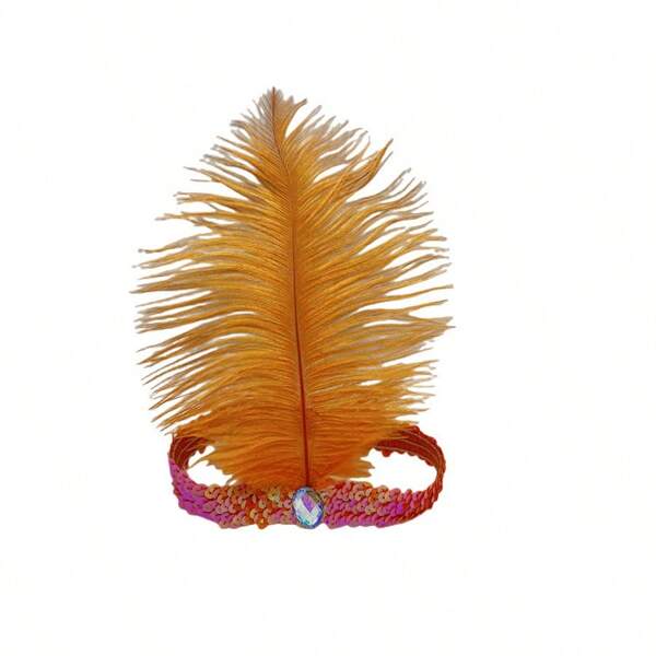 Imitation Ostrich Feather Headpiece With Glitter Elastic Band, Colorful Rhinestone, Party Supplies, Headdress