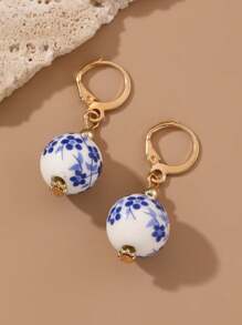 1 Pair Vintage Handpainted Blue And White Porcelain Beaded Earrings, Elegant Dangle Earrings For Women