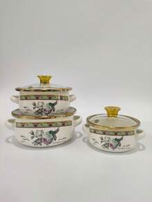 3pcs Enamel Coated Pots With Gold Rim, Enamel Bowls, Household Pots, Mini Pots, Enamel Soup Pots, Ramen Bowls, Small Hot Pot, Thick Enamel Coated Pots, Mini Saucepan, Enamel Coated Pots With Dual Handles For Induction Cooktop And Gas Stove, Enamel Coated Soup Pot, Lard Jar, Milk Pot With Lid, Dual-Use For Induction Cooktop