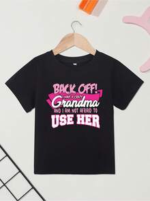 Toddle Girls Cotton Grandma Letter Pattern Short Sleeve T-Shirt, Comfortable Breathable Crew Neck Top, Children's Clothing - 黑色 - 查看 2