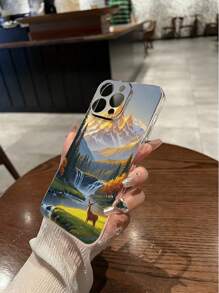 1 pieza Funda de teléfono talla grande gruesa a prueba de caídas con paisaje floral transparente e impresión de ciervo compatible con , Galaxy, Redmi
