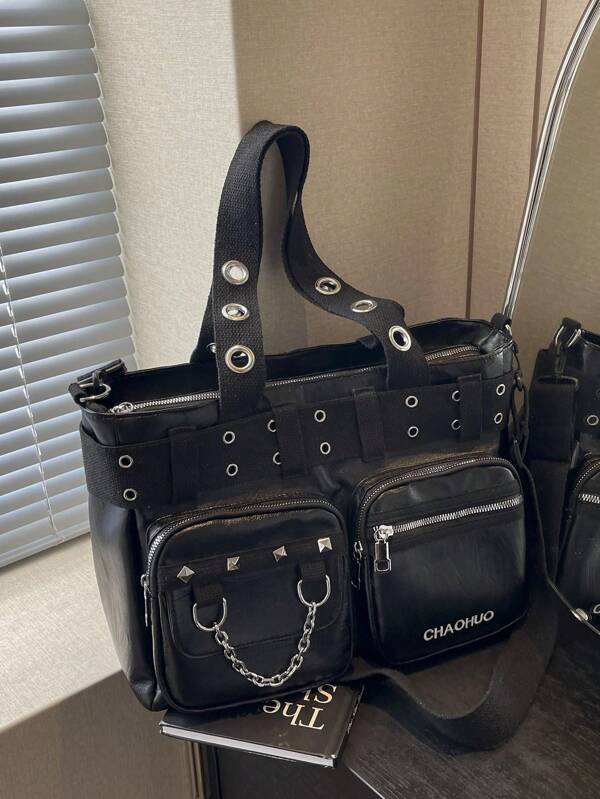 Fabric Material Large Capacity Multi-Pocket Rivet Punk Style Women Shoulder Bag Crossbody Bag