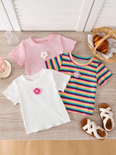 3pcs/Set Baby Girls Cute Striped 3D Floral Short Sleeve Top + Solid Color Floral Soft Comfortable T-Shirt, Summer