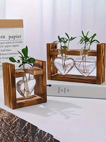 Plant Terrarium With Wooden Frame, Heart-Shaped Clear Glass Vase Hydroponic Plant Propagation Station Flowerpot Air Plant Vase For Home Office Decoration Home Decor Room Decor Flower Vase - Multicolor - View 5