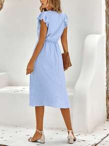 Women's Elegant V-Neck Cap Sleeve Button Front A-Line Midi Dress, Textured White Office/Vacation Dress - Blue - View 2