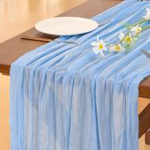 1pc Light Blue Cheese Cloth Table Runner, Bohemian Sheer Fabric Tablecloth, Rustic Transparent Tablecloth For Wedding, Birthday, Baby Shower Party, Bohemian Dining Table Decor
