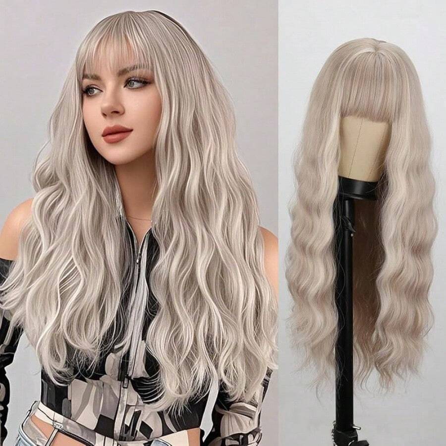 MERISIHAIR Long Silver White Hair Wigs For Women Synthetic Platinum White Wig With Bangs Wavy Costume Cosplay Wig For Girls Daily Use Wear, Halloween & CosplayEssential Festive Atmosphere For Christmas - Tóc vàng tro - Xem 1