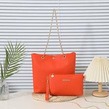 2pcs/Set Wave Embossed Tote Bag With Detachable Chain Strap Shoulder Bag, Minimalist Luxury Style For Work & Leisure - Orange - View 8