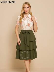 Layered Godet Midi Skirt With Elegant Bow Belt High Waist Christian Fashion Social Comfortable Full-Bodied Fabric