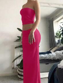 2 piezas Conjunto de ropa de mujer de moda, sexy, dulce y lindo, bien ajustado, atuendos de verano y vacaciones, ropa de , ropa para el Día de San Valentín, Ramadán y carnaval, atuendo de playa para mujer - Rosa Fucsia - Ver 3