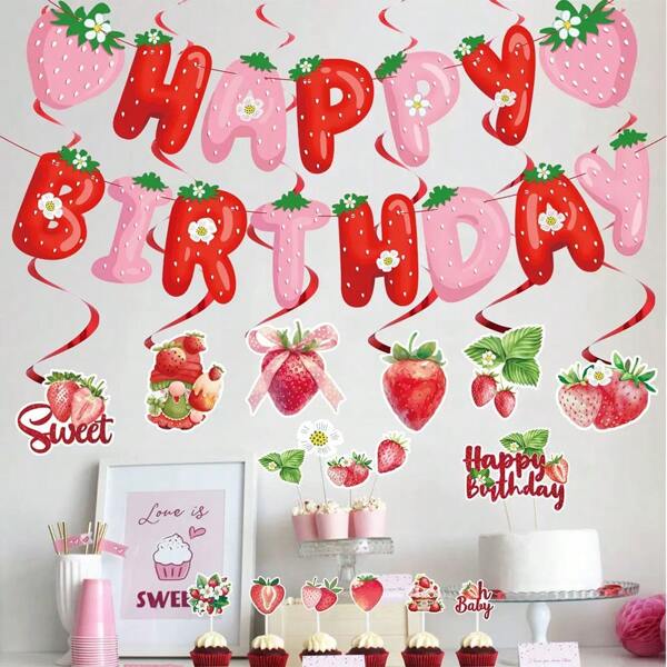 1 pieza Decoración de fiesta de cumpleaños con temática de fresa - Juego de decoración que incluye tarjeta colgante en espiral