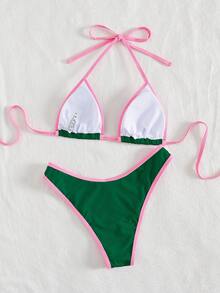 PEPPERMOLLY New Solid Color Soft Halter Tie Sexy Bikini,Women Fashion Swimsuit For Beach, Summer - Green - View 2