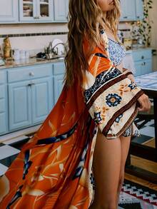 1 Piece Of Flower-Printed Elegant Fabric Belted Ladies' Home Robe, Suitable For Wearing On The Beach And At Home, Suitable For All Seasons. - 橘色 - 查看 3