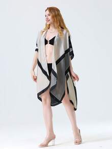 1件几何图案休闲面料和服披肩，四季皆宜。 - 黑與白 - 查看 8