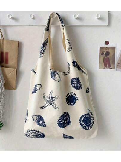 Bolsa de lona con gran capacidad y diseño temático del océano con estampados de conchas y estrellas de mar, apropiada para uso diario, viajes a la playa, vacaciones y artículos escolares. Fabricada en lona, sin cierre. Excelente regalo para amigos, bolsa de playa.