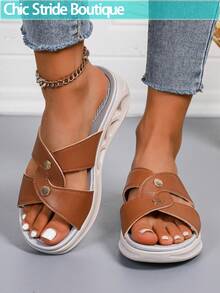 2025 New Women's Summer Sports Sandals - Lightweight Open Toe Cushioned Shock Absorbing, Solid Color Criss-Cross Strap Thick Sole Casual Slippers, Suitable For Beach Vacation In Spring & Summer, Bottom Hollow Design Water Shoes - Camel - View 1