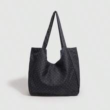 新款女士帆布托特包，大容量，休闲百搭，韩版ins单肩帆布包 - 藏蓝色 - 查看 3