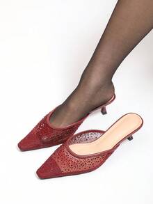 Summer New Fashion French Style High Heel Pointed Toe Crystal Rhinestone Mesh Slip-On Mule Sandals - Burgundy - View 1