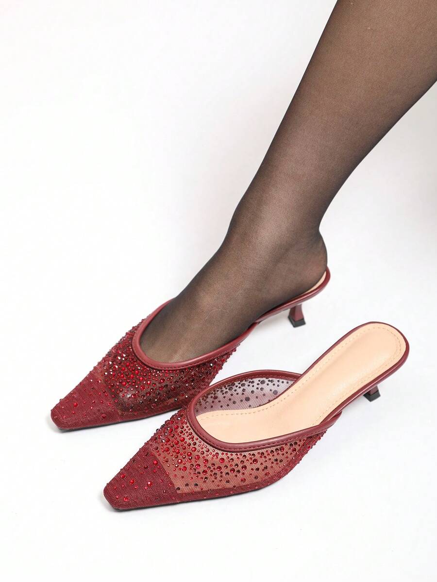 Summer New Fashion French Style High Heel Pointed Toe Crystal Rhinestone Mesh Slip-On Mule Sandals - Burgundy - View 1