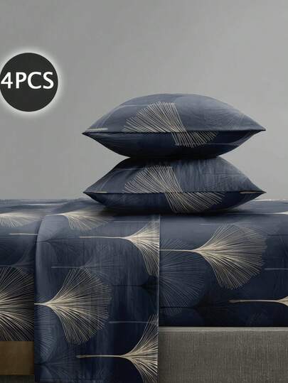 4 件套海军蓝银杏叶花卉图案床单套件，易于护理超细纤维柔软床上用品套件，花卉床笠套件（1 件床单+1 件床笠+2 个枕套）床笠套件，特大号双人床，全尺寸床单，深口袋，最大 11.8 英寸枕套，柔软透气防皱，更适合睡眠，豪华酒店风格，送给妈妈爸爸朋友的礼物