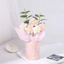 1 set de ramo de flores artificiales hechas a mano con balde de plástico, papel de envolver, flores de ganchillo, adecuado para regalos para mamá, amigos o regalos de aniversario, regalos del día de la madre, regalos del día de San Valentín, regalos de cumpleaños, decoración del hogar.