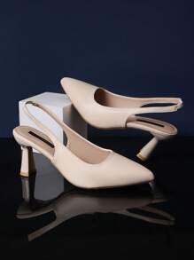 1 paire de sandales à talons hauts ivoire pour fille, en matériau PU de couleur unie, avec sangle de cheville élastique, bout pointu, talon aiguille, semelle compensée élégante, convient pour la fête, les achats, les voyages, les vacances, nouvelle arrivée d'été