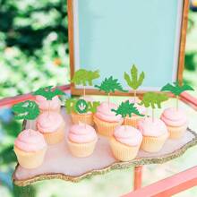 12/24Pcs Dinosaur Cupcake Toppers Green Glitter Roar Dinosaur Cupcake Toppers For Dinosaur Theme BB Shower Birthday Party Cake Decorations Supplies