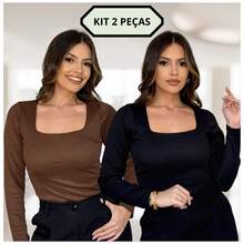 Kit 2 Blusa Gola Quadrada Madri Manga Longa T-shirt Feminina Elegante Casual Trabalho - PRETO/MARROM - Visão 2