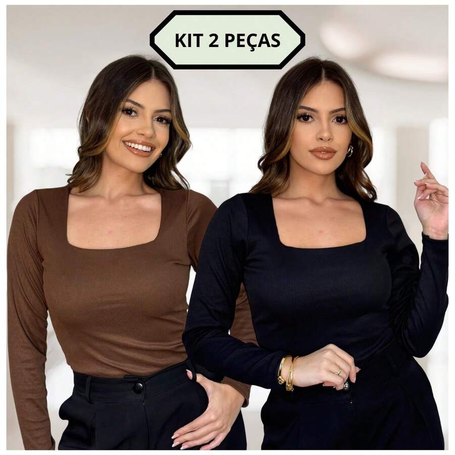 Kit 2 Blusa Gola Quadrada Madri Manga Longa T-shirt Feminina Elegante Casual Trabalho