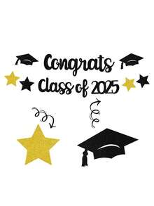 1 Set Graduation Theme Star Hat And Congratulations 2025 Banner, Suitable For Graduation Ceremony And Party - Multicolor - View 6