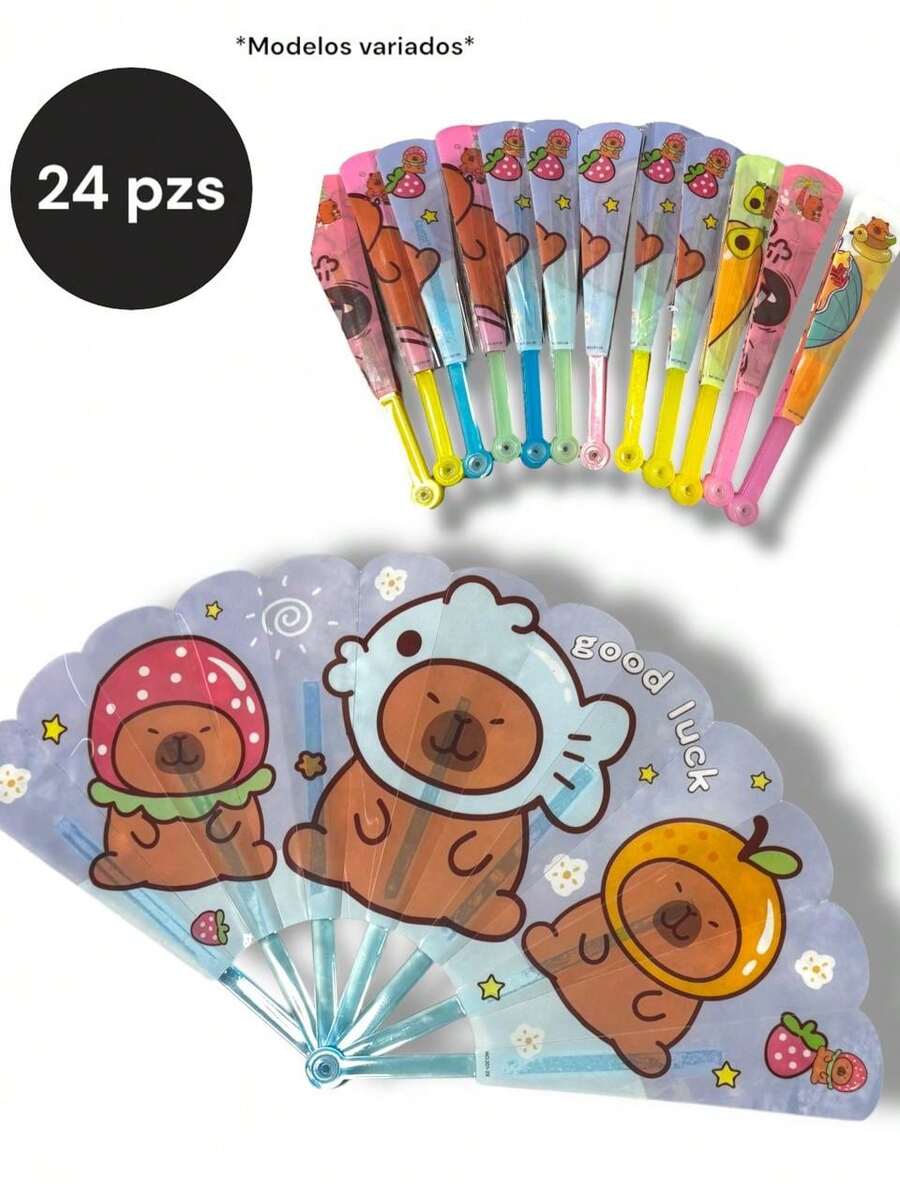Paquete de 12 o 24 abanicos de capibara o capybara para niños o adultos, cada paquete viene con diseños diferentes, ideal para cumpleaños, bautizo, primera comunión, XV años, fiesta tematica - 24 pzs - Ver 1