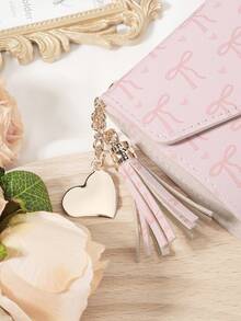 Pink Bow Love Pattern Bag,Small Wallet Coin Pocket Small Wallet Double Fold Women's Wallet Mini, Women's Fashionable Wallet, With Multiple Card Slots And ID Card Window, Very Suitable For Outdoor, Travel And Returning To School